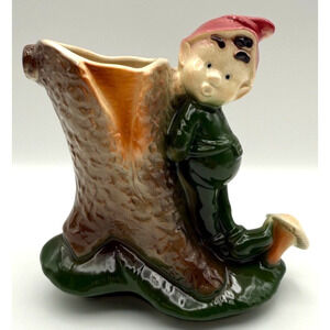 Royal Copley Pixie Elf Planter Mushroom Tree Stump Vintage Gnome Kitschy READ